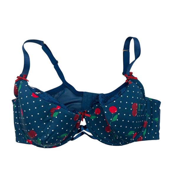 Cacique Other - Cacique Lined French Balconette Medium Coverage Cherry Print Teal Bra Size 42DD